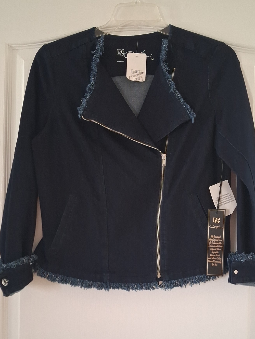 DG2 by Diane Gilman Dark Blue Denim Moto Jacket with Frayed Trim